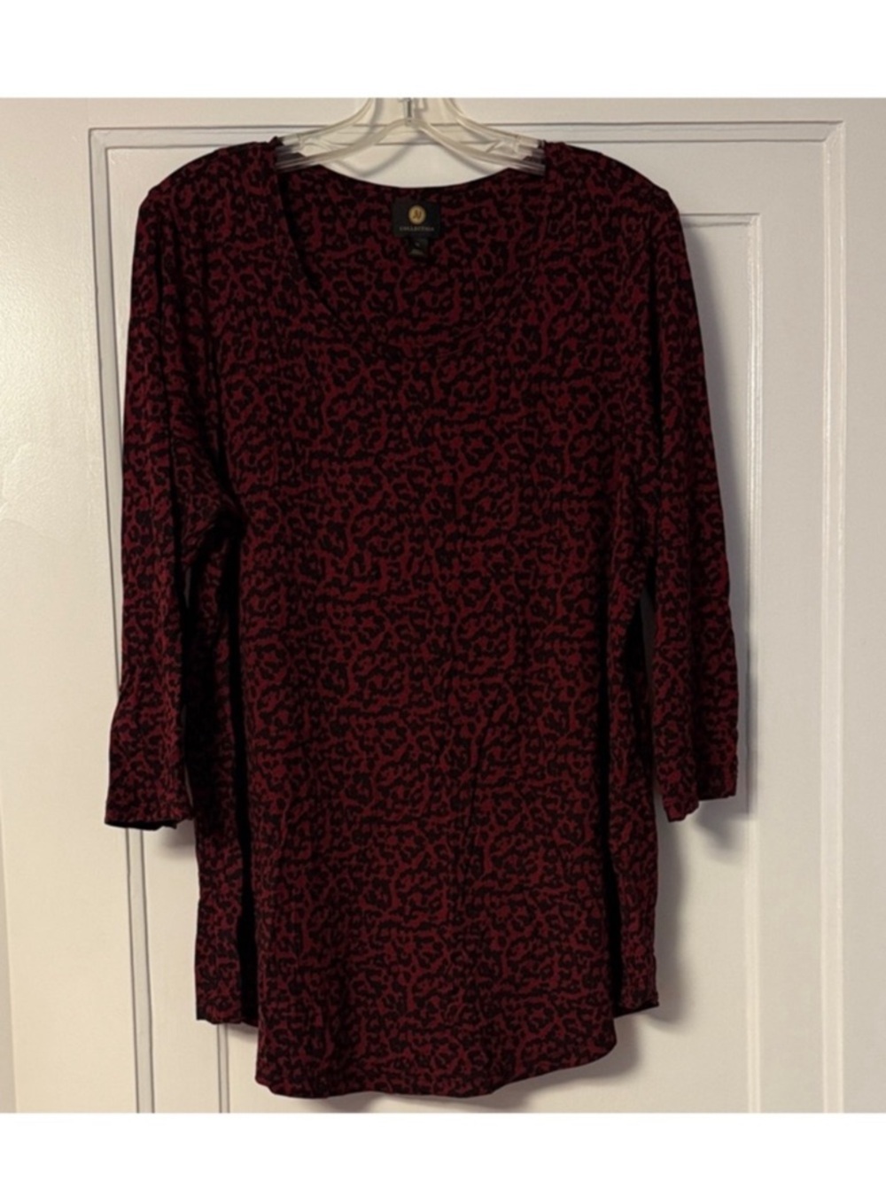 JM Collection 1X Red Black Leopard Print Top | Stretch 3/4 Sleeve Tunic Blouse
